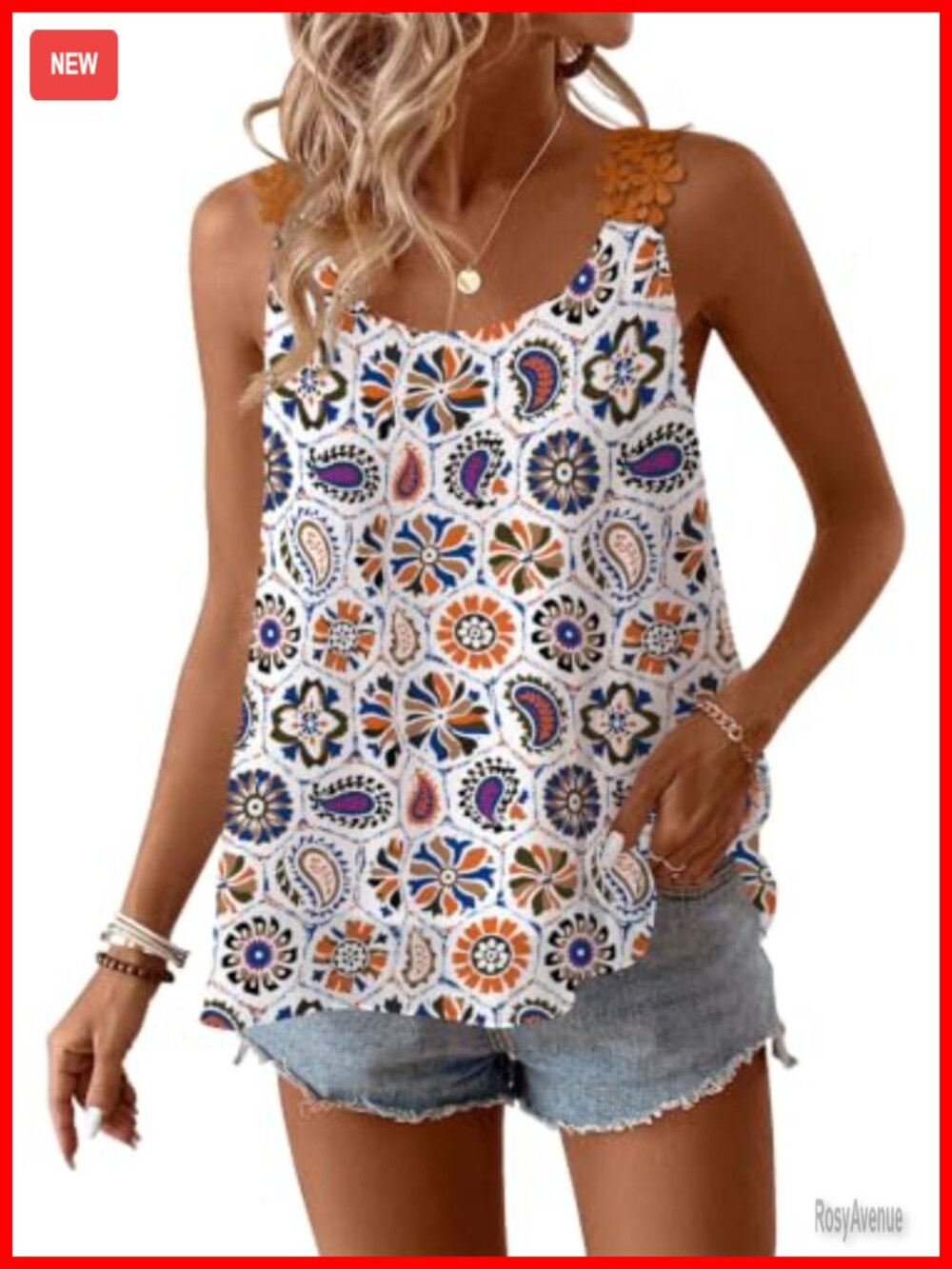 Flowy Sleeveless Lace Camisole Boho Tank Top 100% Polyester